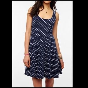 navy and white polka dot skater dress